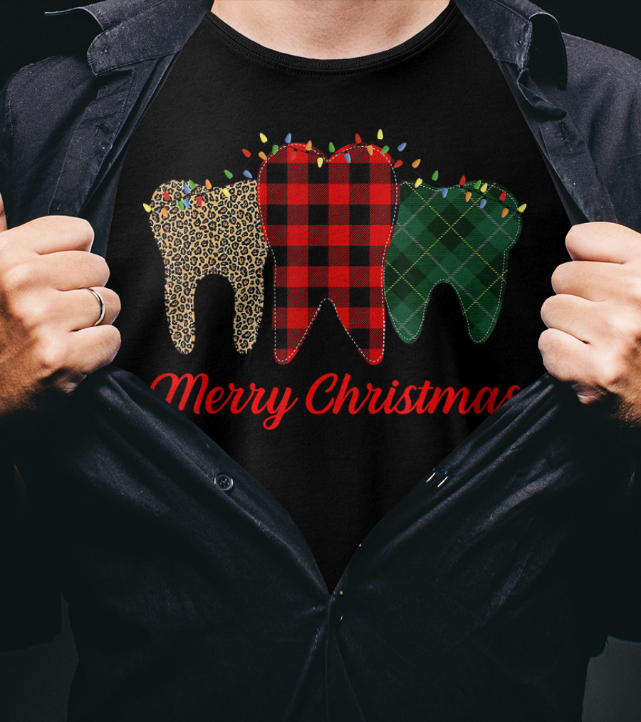 Merry Christmas Teeth Plaid Leopard Pattern With Holiday Lights T-Shirt