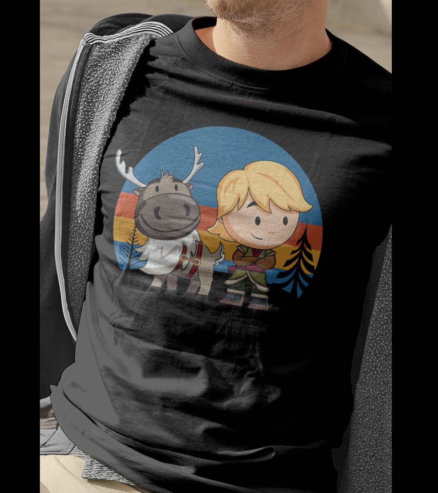 Frozen 2 Chibi Sven And Kristoff Retro Sunset Scene T-Shirt