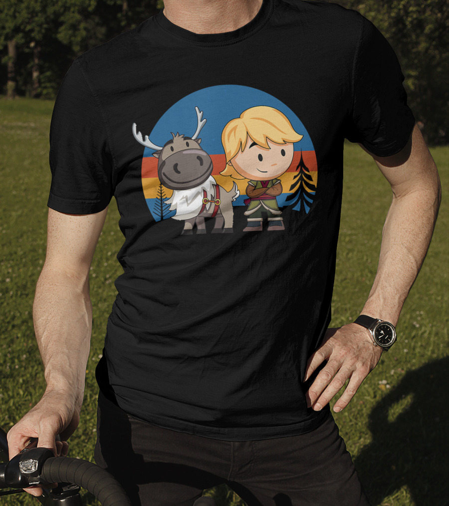 Frozen 2 Chibi Sven And Kristoff Retro Sunset Scene T-Shirt