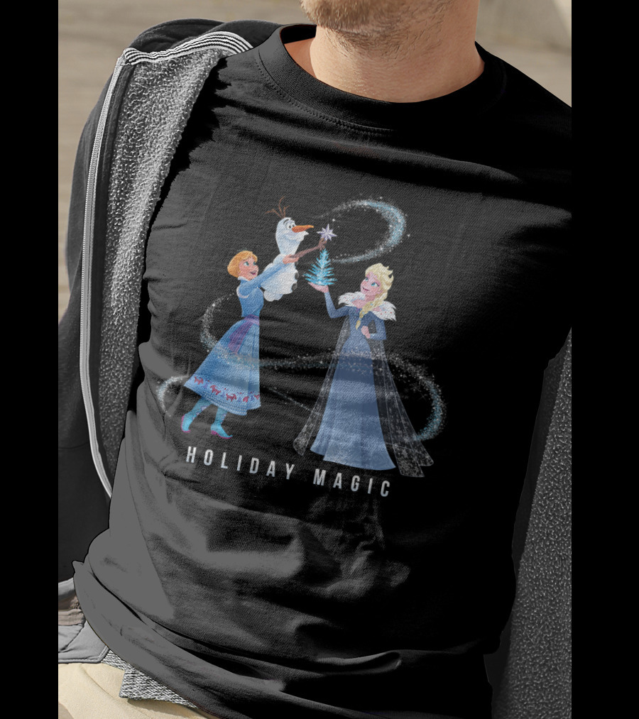Disney Frozen Elsa Anna Olaf Holiday Magic Sparkling Winter Scene T-Shirt