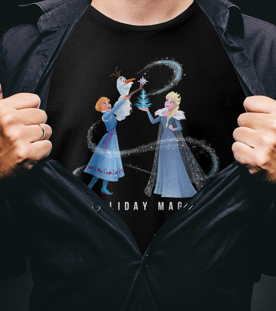 Disney Frozen Elsa Anna Olaf Holiday Magic Sparkling Winter Scene T-Shirt