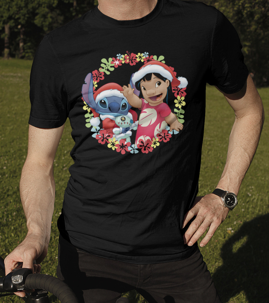Disney Lilo And Stitch Christmas Santa Hats Hawaiian Flower Wreath T-Shirt