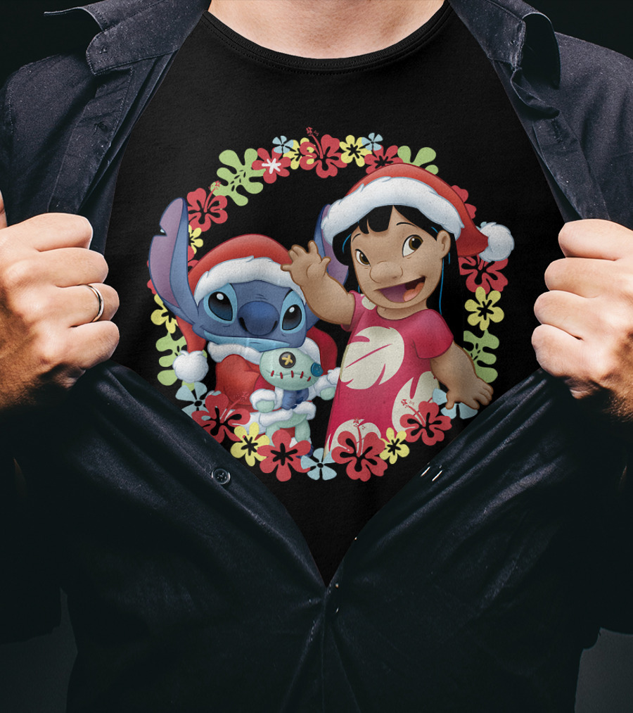 Disney Lilo And Stitch Christmas Santa Hats Hawaiian Flower Wreath T-Shirt