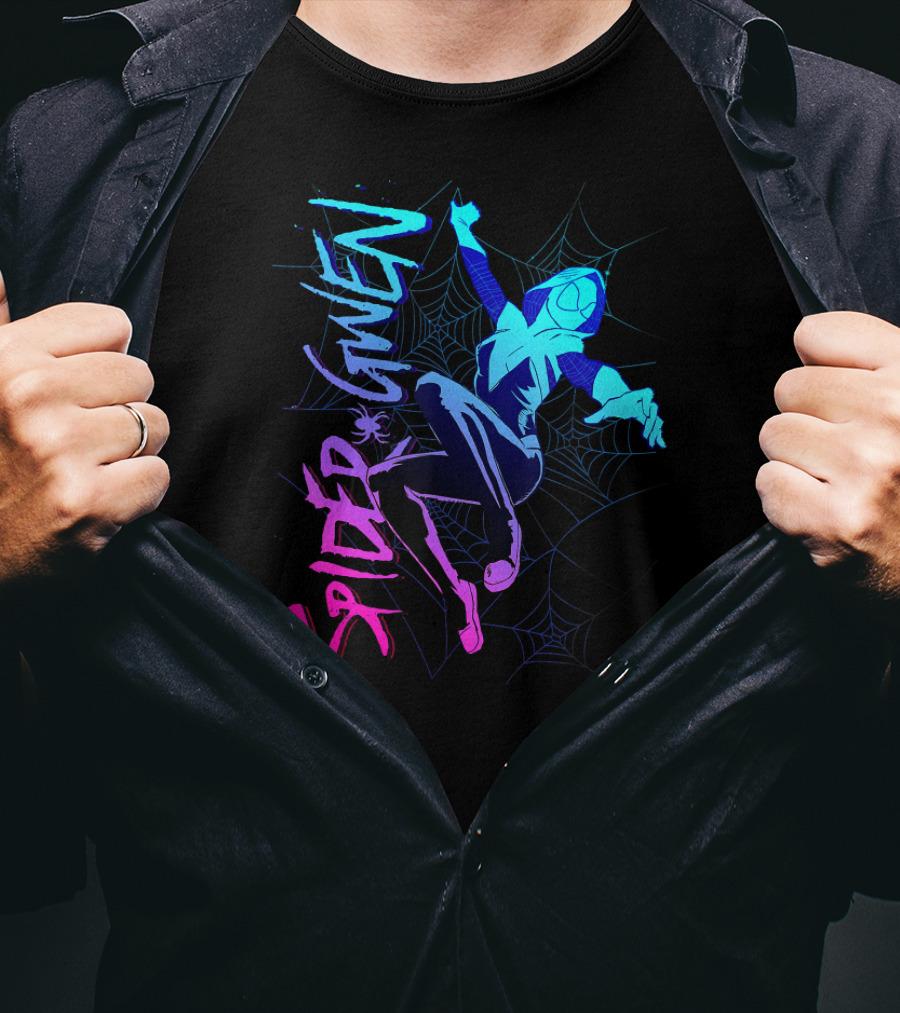 Marvel Spider Gwen Neon Gradient Web Jumping Pose T-Shirt