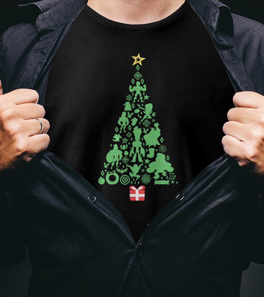 Marvel Christmas Tree With Iconic Super Hero Shapes And Holiday Star T-Shirt