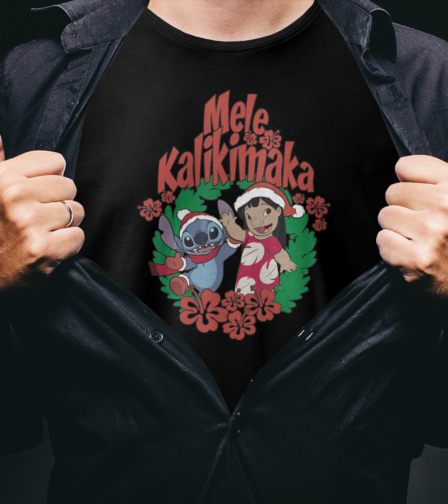 Mele Kalikimaka Lilo And Stitch Christmas Wreath Disney T-Shirt