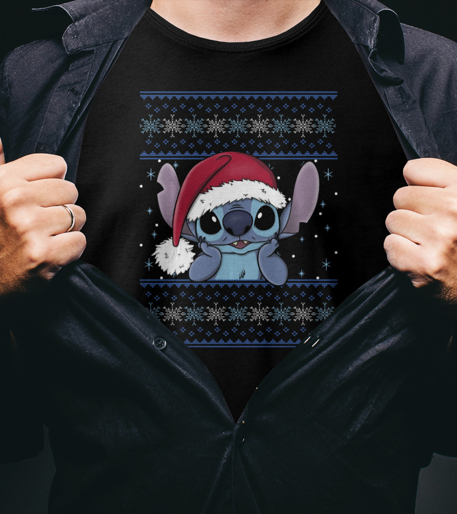 Disney Lilo And Stitch Christmas Stitch UglyStyle Santa Hat Snowflakes Festive T-Shirt