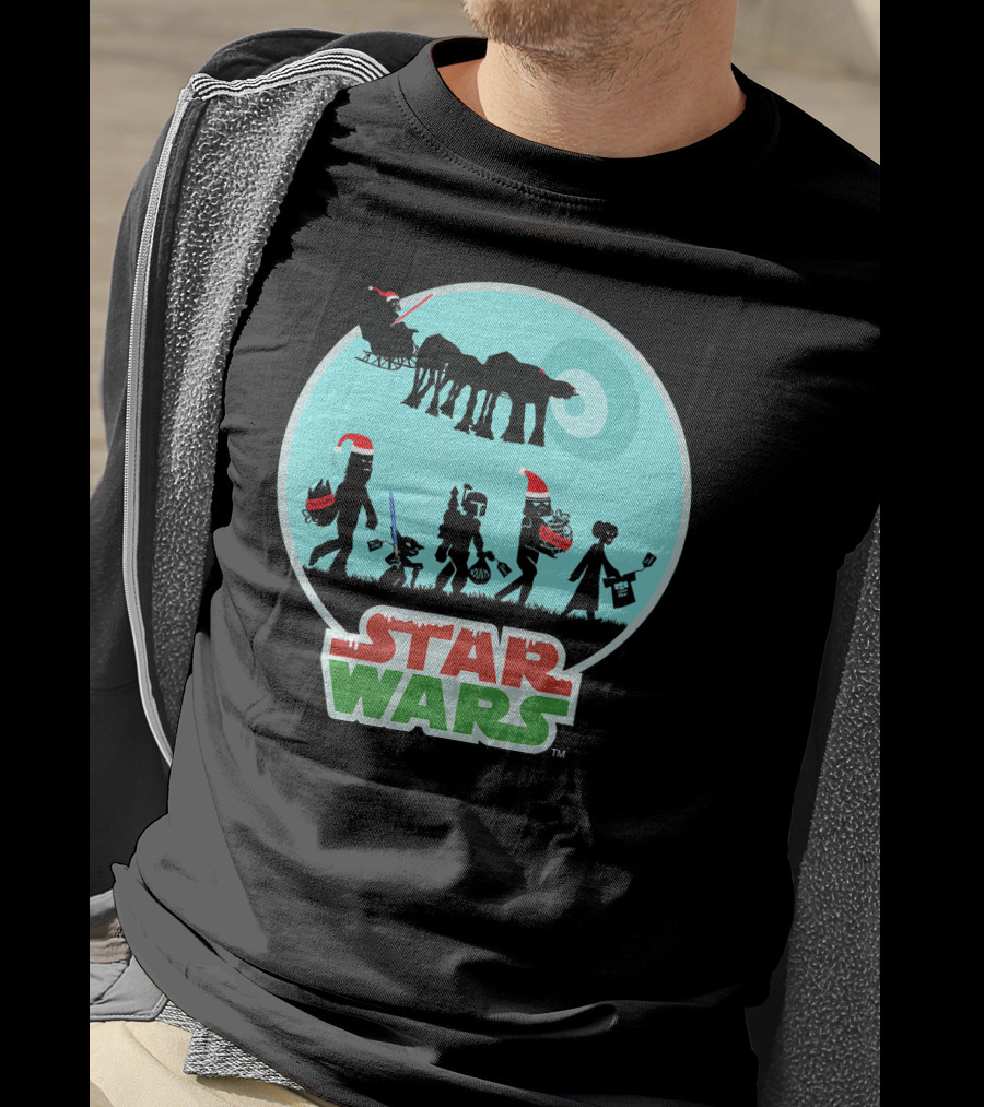 Star Wars Holiday Characters With Santa Hats And Death Star T-Shirt