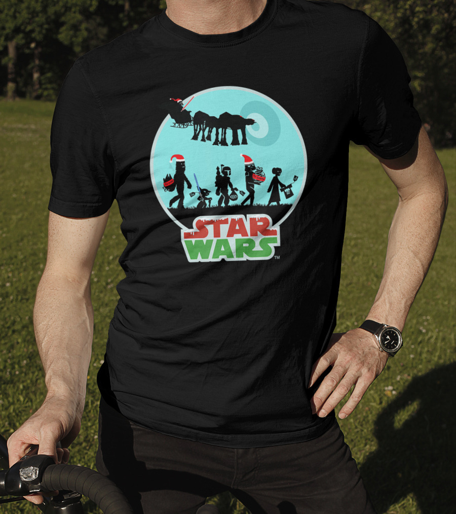Star Wars Holiday Characters With Santa Hats And Death Star T-Shirt
