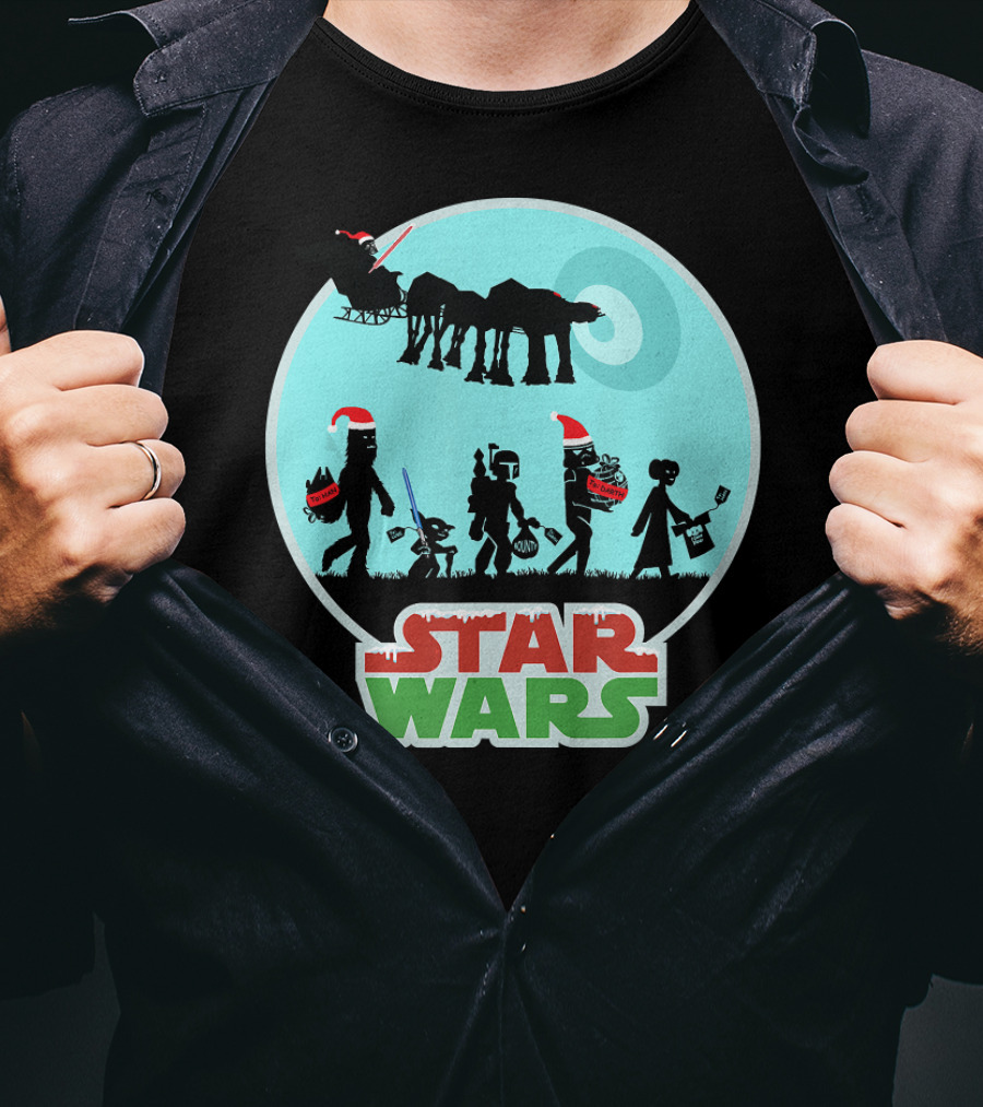 Star Wars Holiday Characters With Santa Hats And Death Star T-Shirt