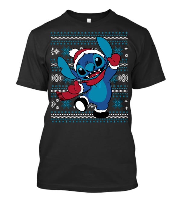 Disney Stitch Happy Holiday Festive Sweater Design With Snowflakes And Santa Hat T-Shirt