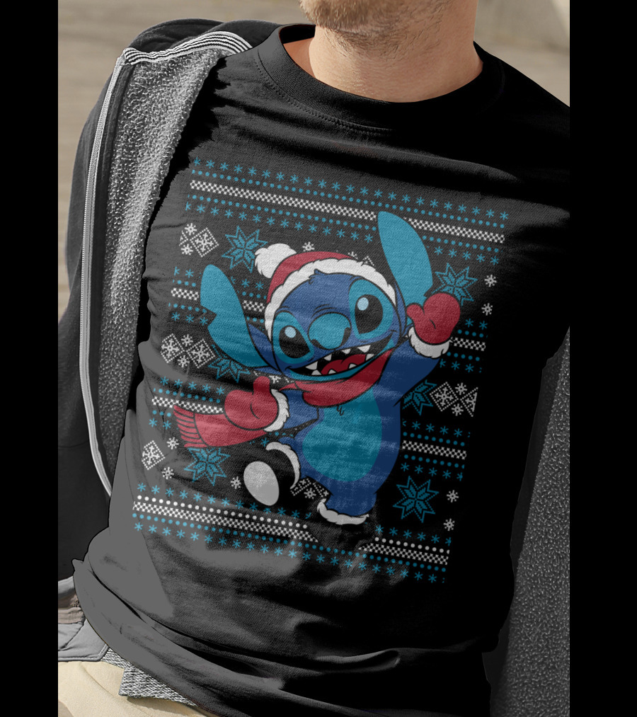 Disney Stitch Happy Holiday Festive Sweater Design With Snowflakes And Santa Hat T-Shirt