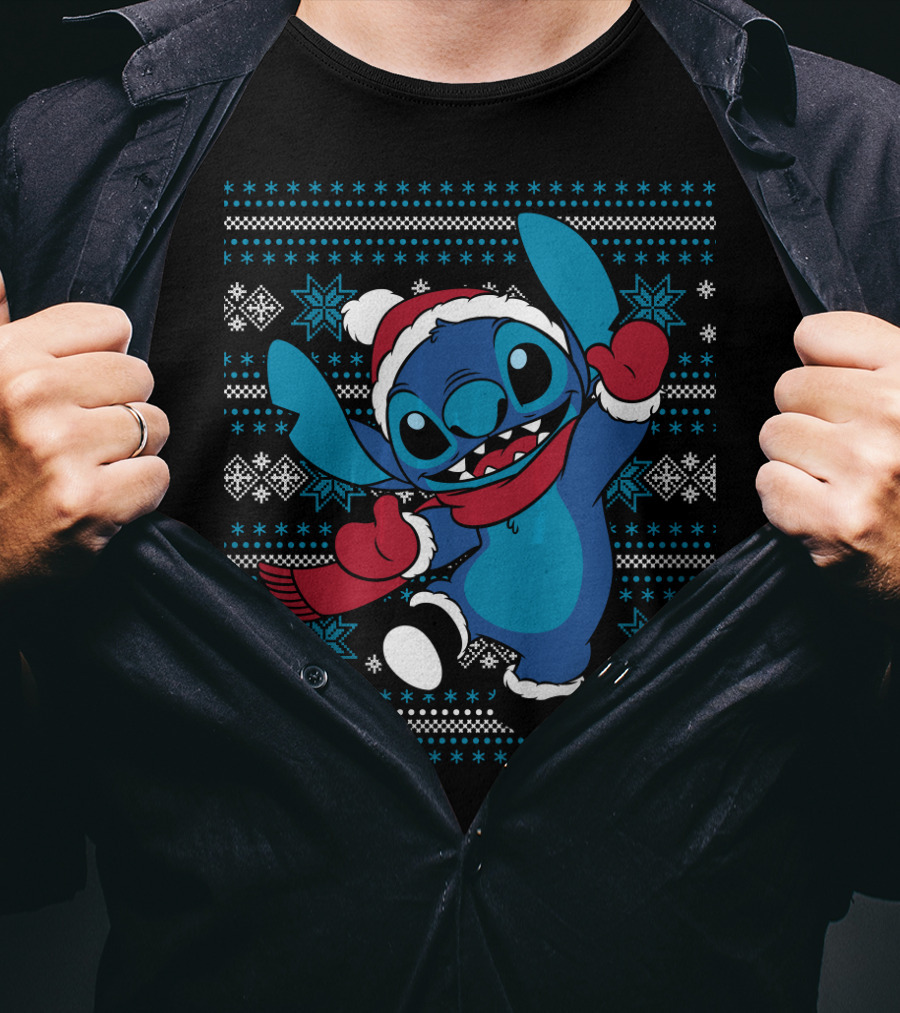 Disney Stitch Happy Holiday Festive Sweater Design With Snowflakes And Santa Hat T-Shirt