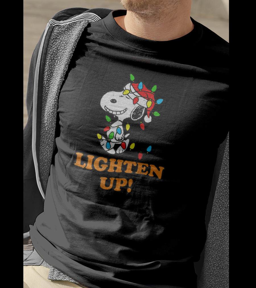 Peanuts Snoopy Christmas Lighten Up With Holiday Lights And Santa Hat T-Shirt