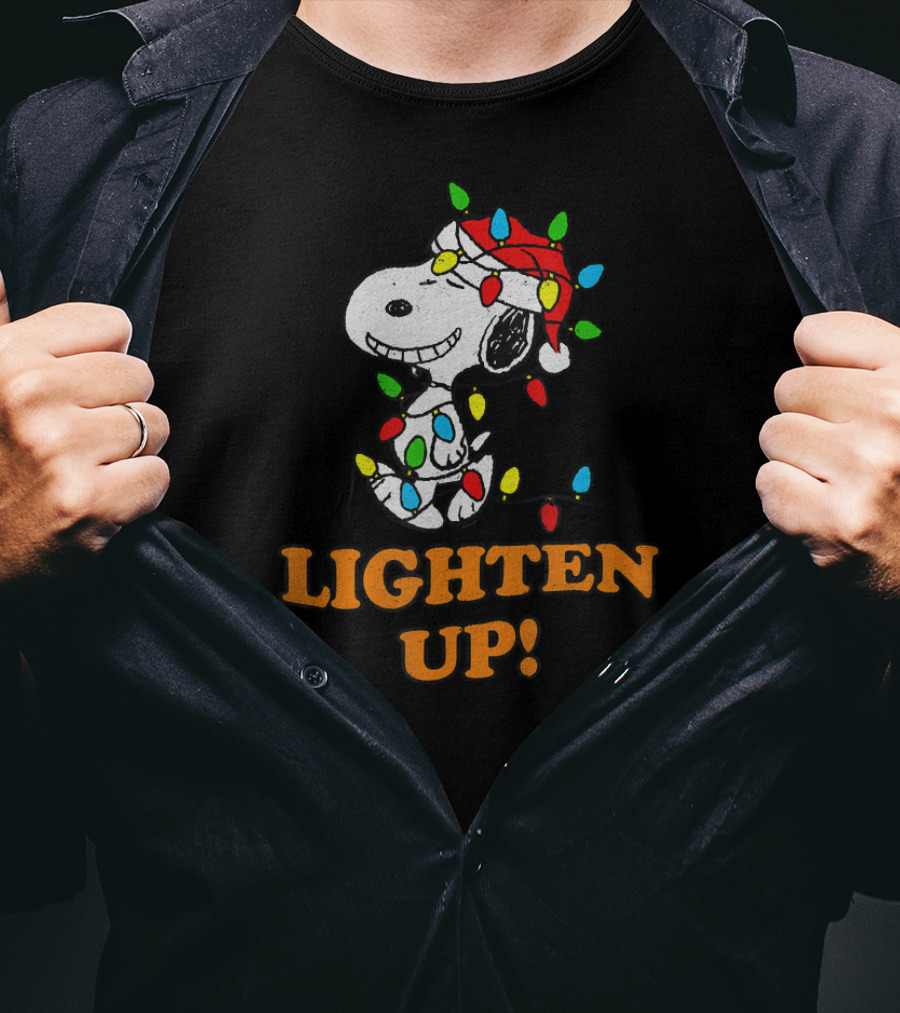 Peanuts Snoopy Christmas Lighten Up With Holiday Lights And Santa Hat T-Shirt