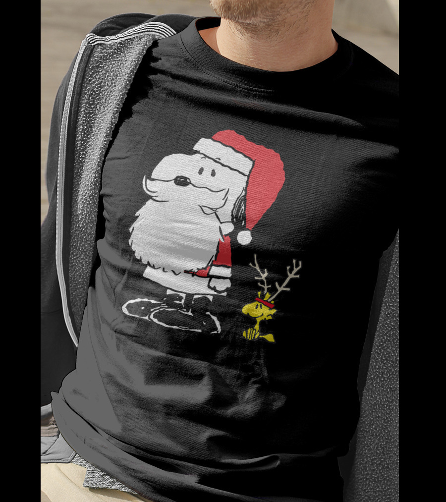 Snoopy Santa With Woodstock Antlers Peanuts Holiday T-Shirt