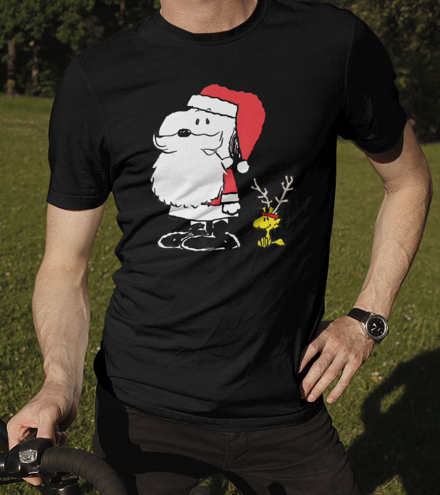 Snoopy Santa With Woodstock Antlers Peanuts Holiday T-Shirt