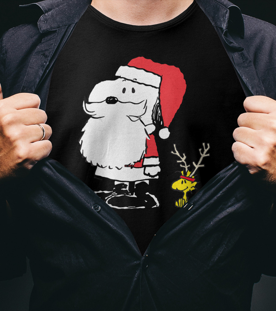 Snoopy Santa With Woodstock Antlers Peanuts Holiday T-Shirt