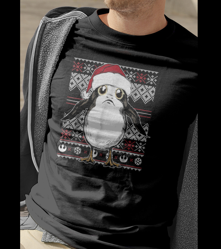 Star Wars Porg Santa Hat Christmas Sweater Pattern Rebel Alliance Snowflakes T-Shirt
