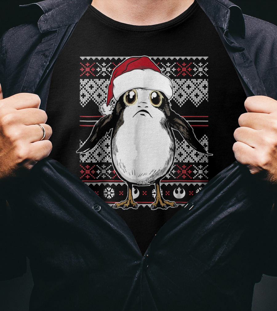 Star Wars Porg Santa Hat Christmas Sweater Pattern Rebel Alliance Snowflakes T-Shirt
