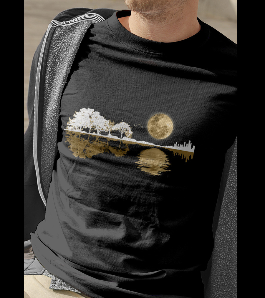 Acoustic Guitar Player Birthday Moonlit Lakeside Reflection T-Shirt