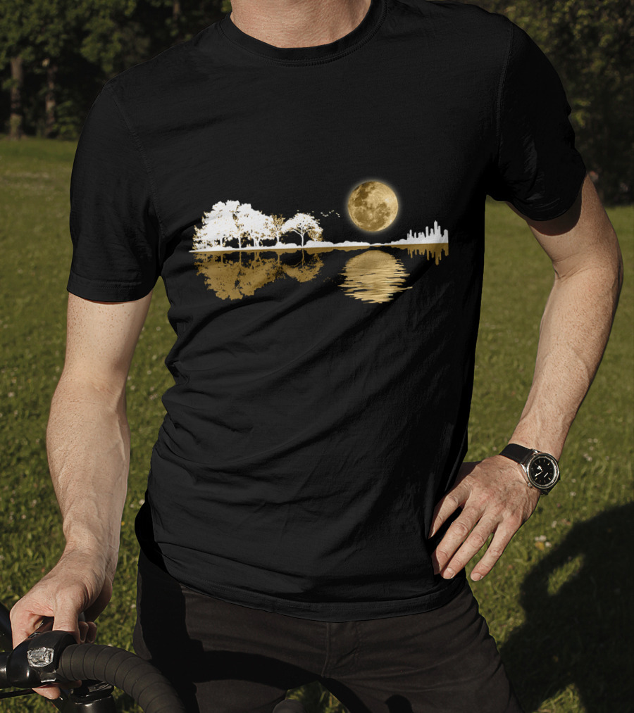 Acoustic Guitar Player Birthday Moonlit Lakeside Reflection T-Shirt