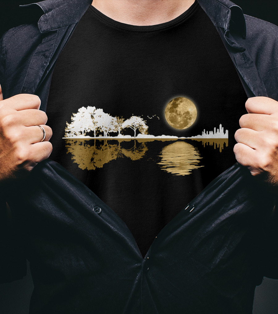 Acoustic Guitar Player Birthday Moonlit Lakeside Reflection T-Shirt