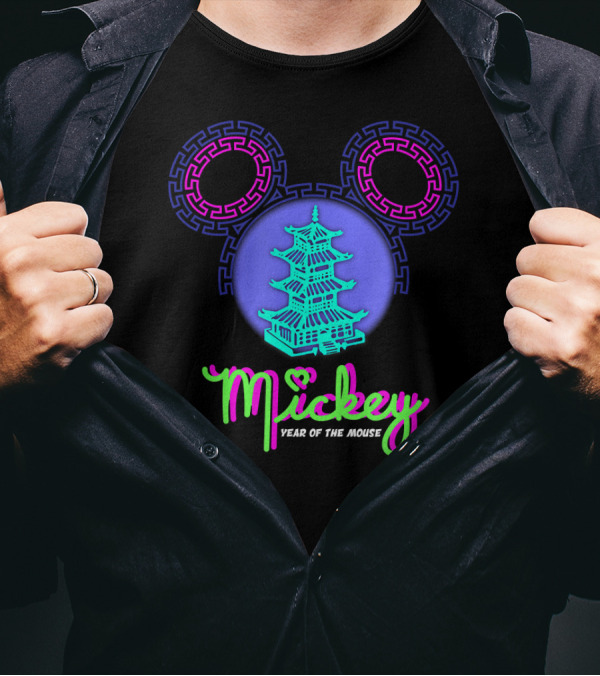 Mickey Year Of The Mouse Chinese New Year Pagoda Neon T-Shirt