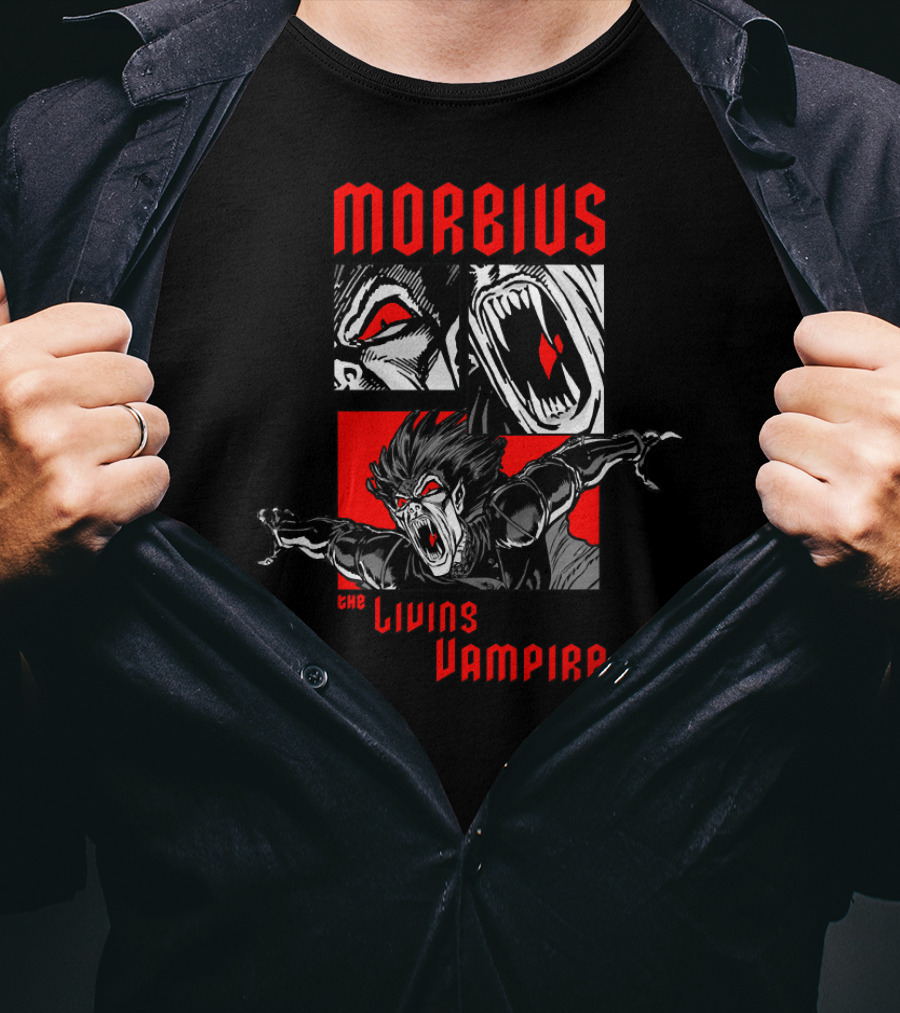 Marvel Morbius The Living Vampire Panels Red Black Comic T-Shirt