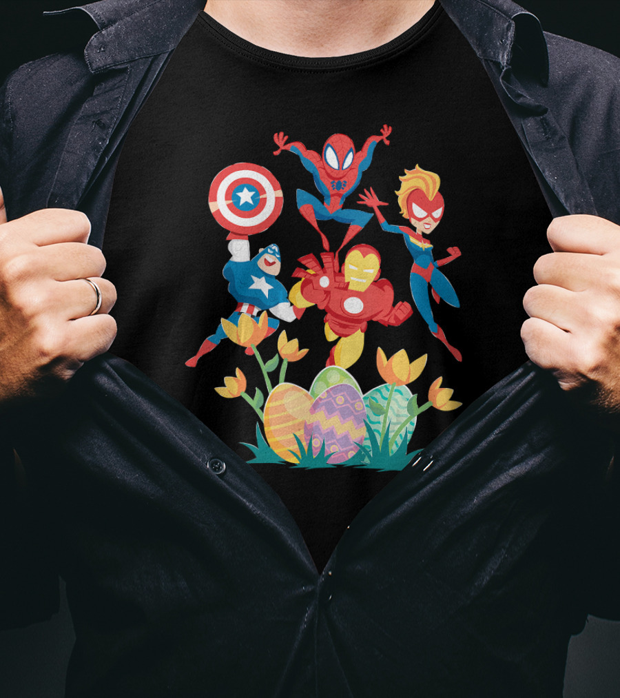 Marvel Avengers Easter Egg Hunt With Captain America Spiderman Iron Man And Captain Marvel T-Shirt