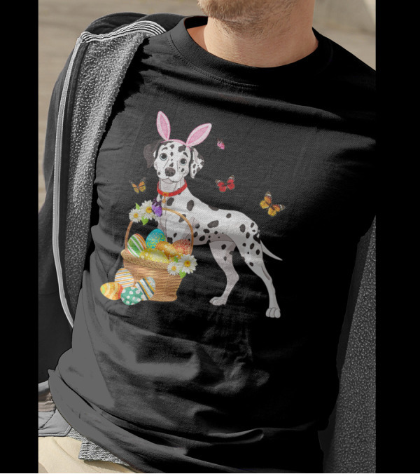 Dalmatian With Bunny Ears Holding Easter Egg Basket And Butterflies T-Shirt