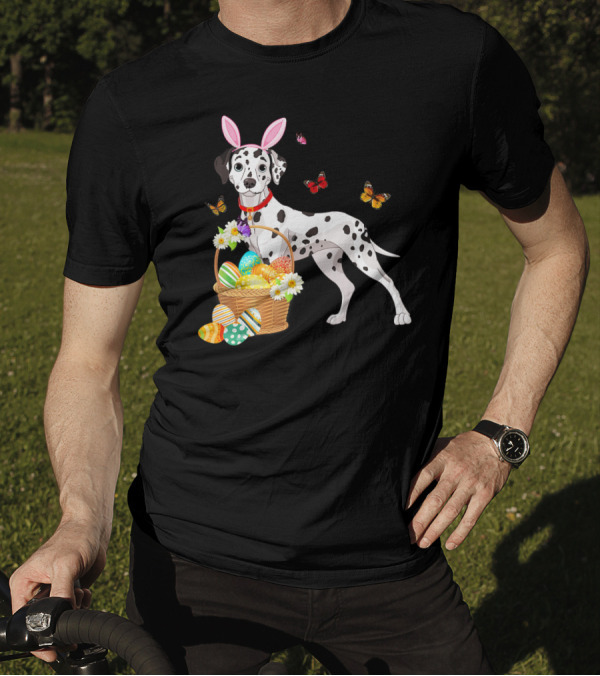 Dalmatian With Bunny Ears Holding Easter Egg Basket And Butterflies T-Shirt