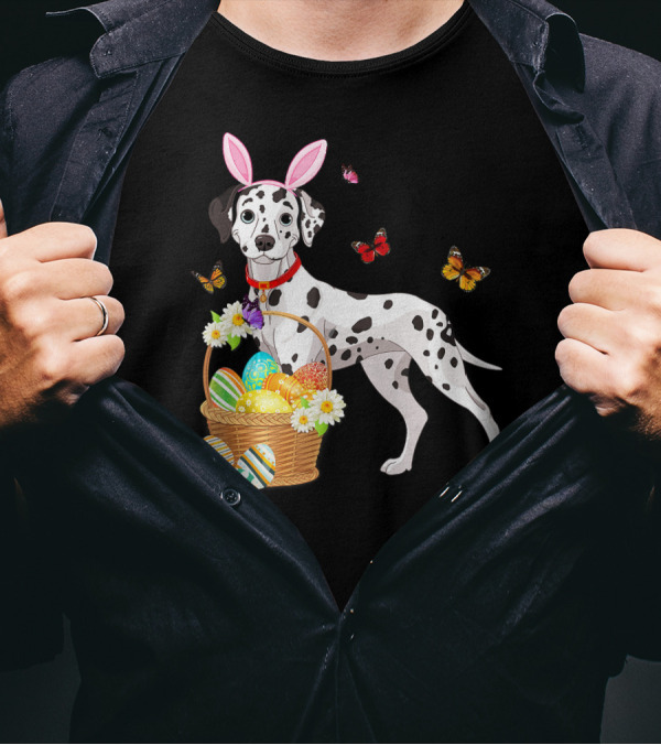 Dalmatian With Bunny Ears Holding Easter Egg Basket And Butterflies T-Shirt
