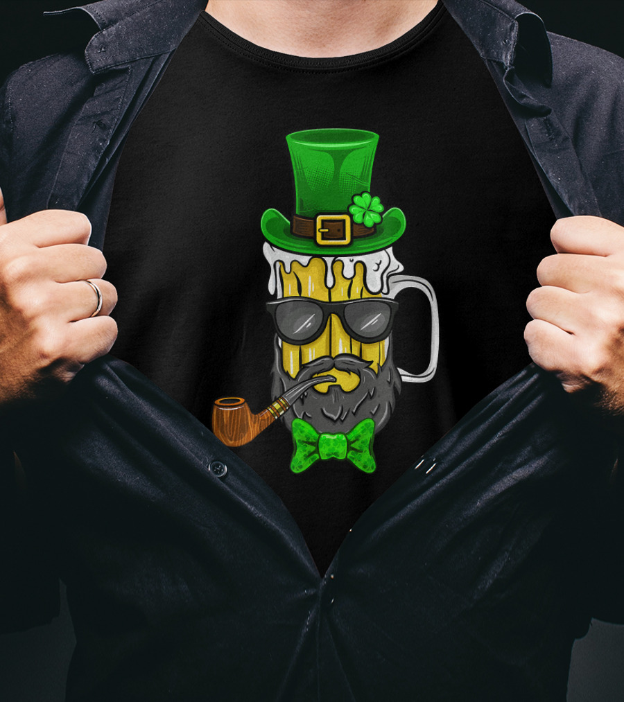 St Patricks Day Leprechaun Beer Mug With Beard And Green Hat T-Shirt