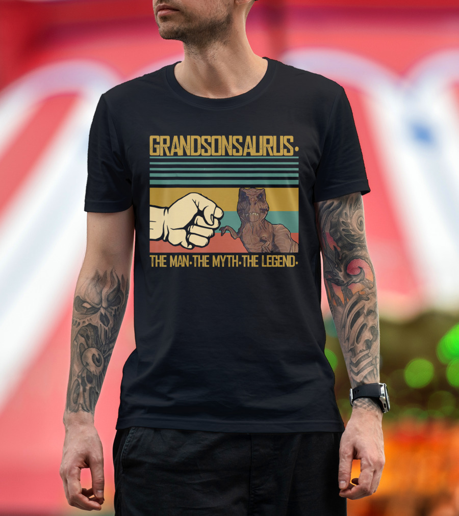 Grandsonsaurus The Man The Myth The Legend Dinosaur Fist Retro Stripes T-Shirt