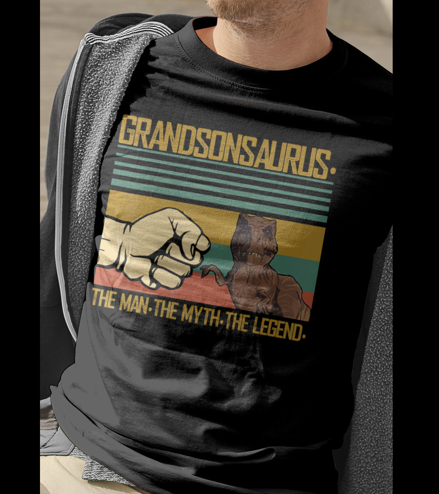 Grandsonsaurus The Man The Myth The Legend Dinosaur Fist Retro Stripes T-Shirt