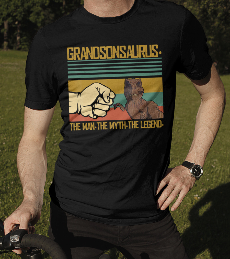 Grandsonsaurus The Man The Myth The Legend Dinosaur Fist Retro Stripes T-Shirt