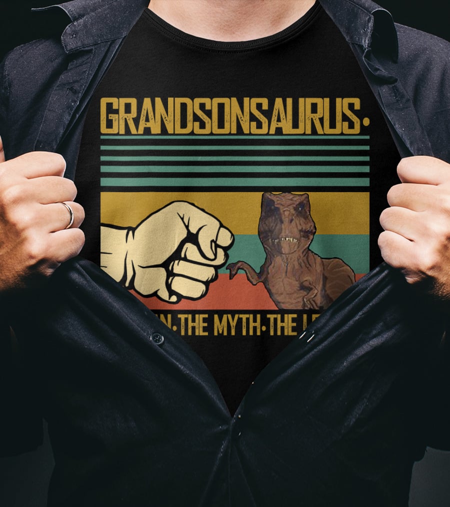 Grandsonsaurus The Man The Myth The Legend Dinosaur Fist Retro Stripes T-Shirt