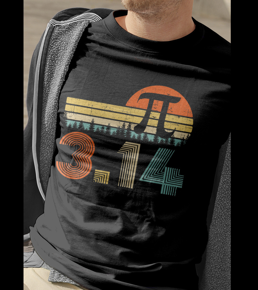 Pi Day Math Teacher 3.14 Retro Sunset Forest T-Shirt