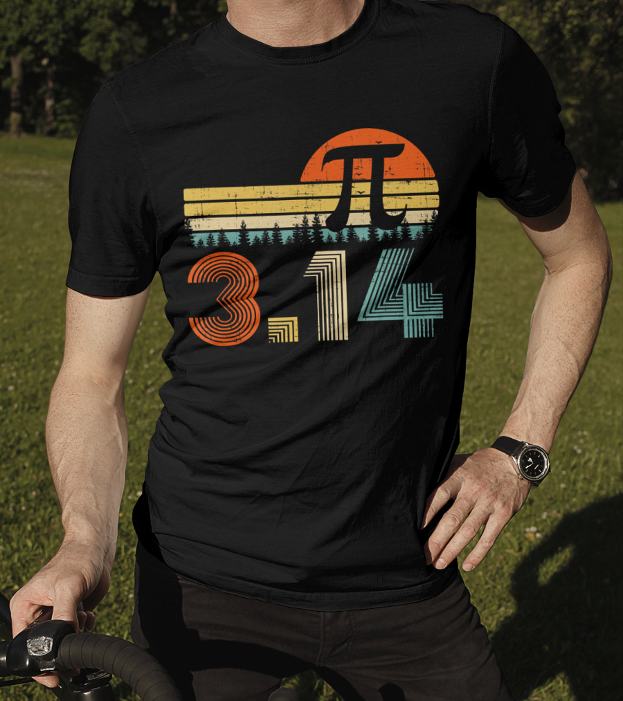 Pi Day Math Teacher 3.14 Retro Sunset Forest T-Shirt