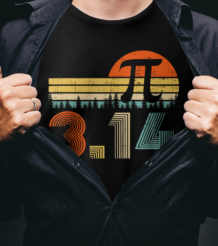 Pi Day Math Teacher 3.14 Retro Sunset Forest T-Shirt