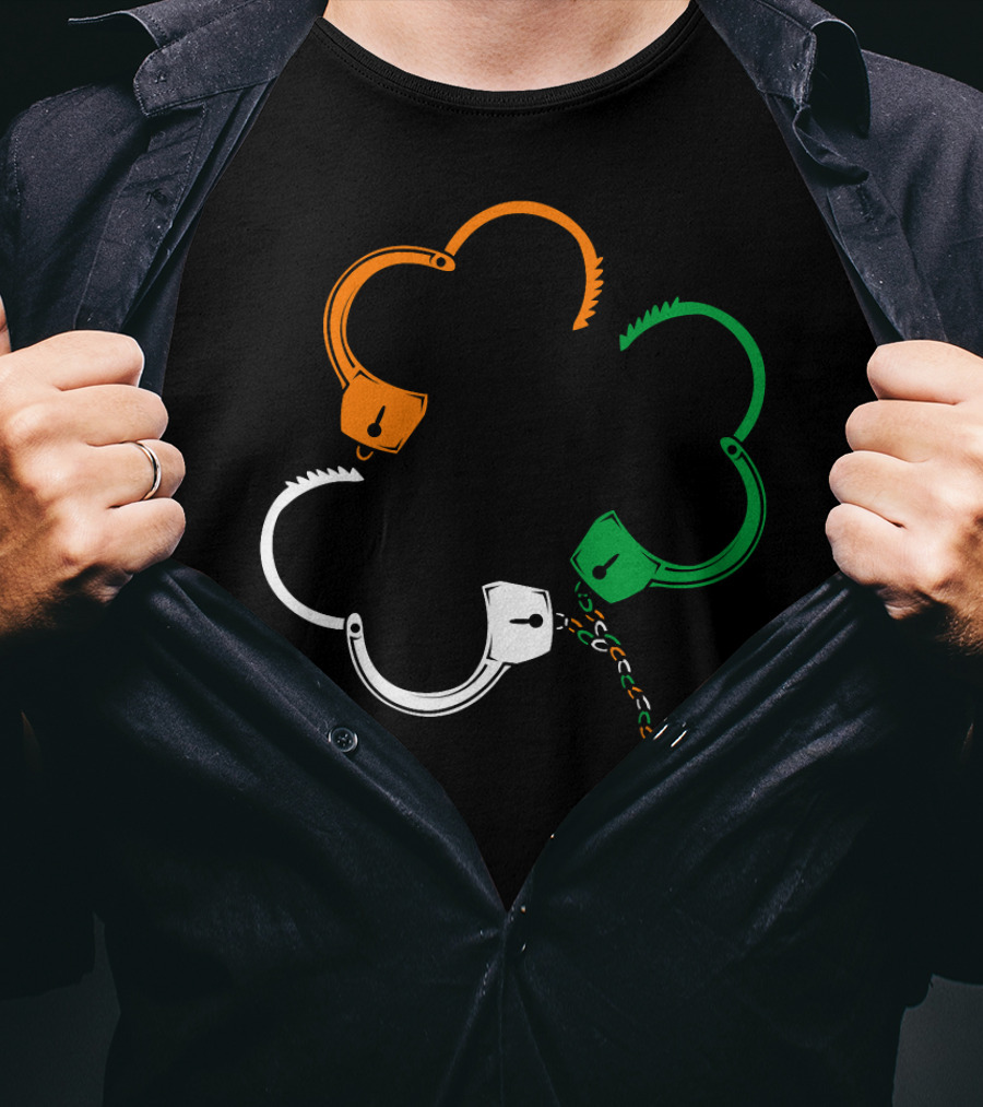 St Patricks Day Irish Flag Handcuffs Clover Police Officer T-Shirt