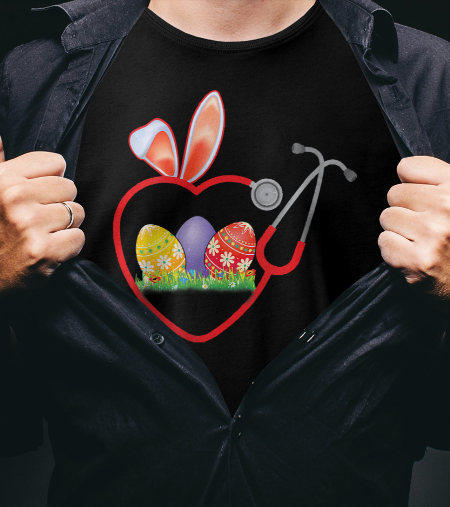 Stethoscope Heart Bunny Ears Easter Eggs Nurse T-Shirt