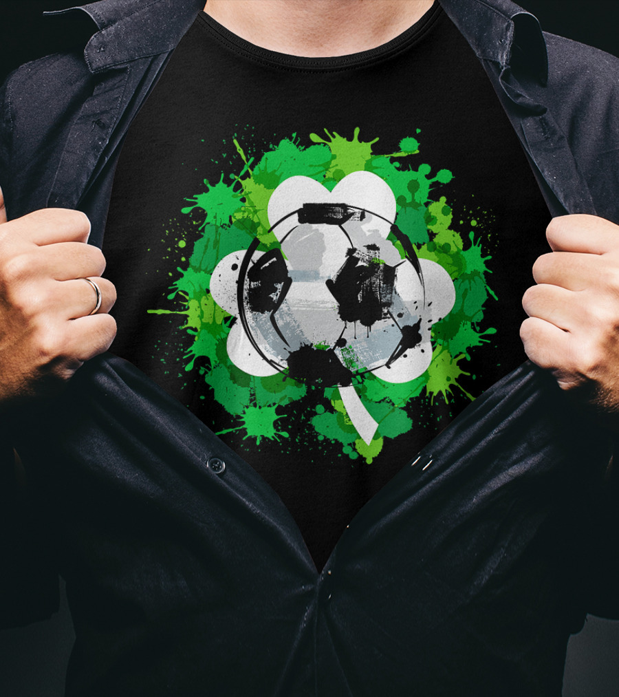 St Patrick's Day Soccer Ball Shamrock Green Splatter T-Shirt