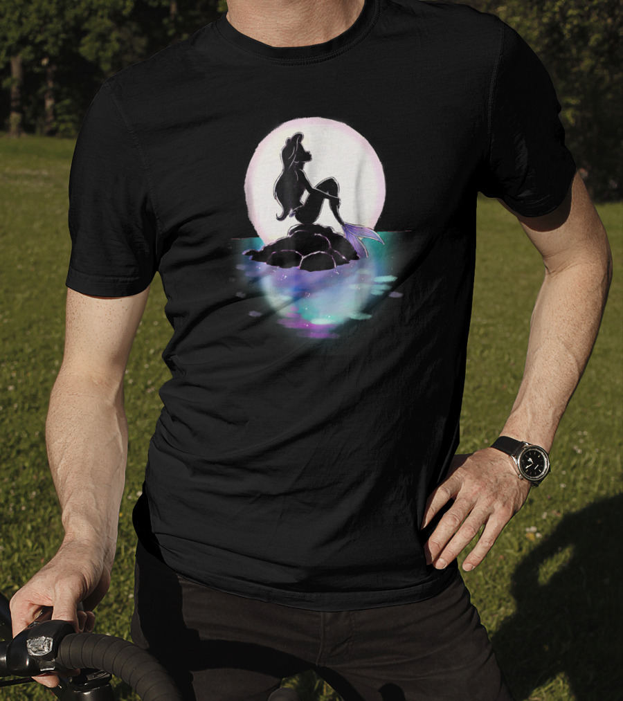 Disney Ariel Little Mermaid Silhouette Against Colorful Sunset Moon T-Shirt