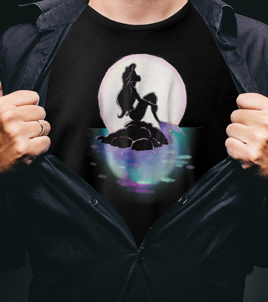 Disney Ariel Little Mermaid Silhouette Against Colorful Sunset Moon T-Shirt