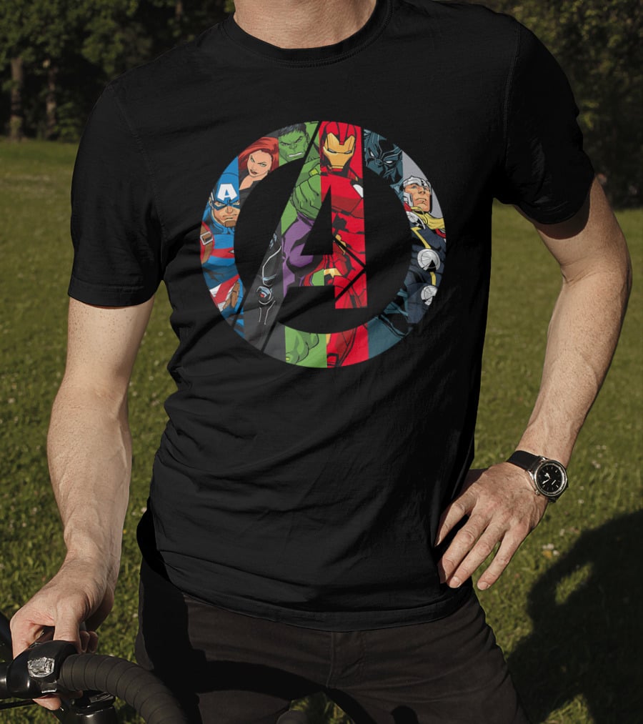 Marvel Avengers A Logo Captain America Black Widow Hulk Iron Man Thor T-Shirt