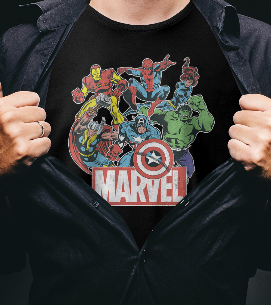 Marvel Avengers Iron Man Thor Captain America Hulk Spider-Man Classic Team T-Shirt