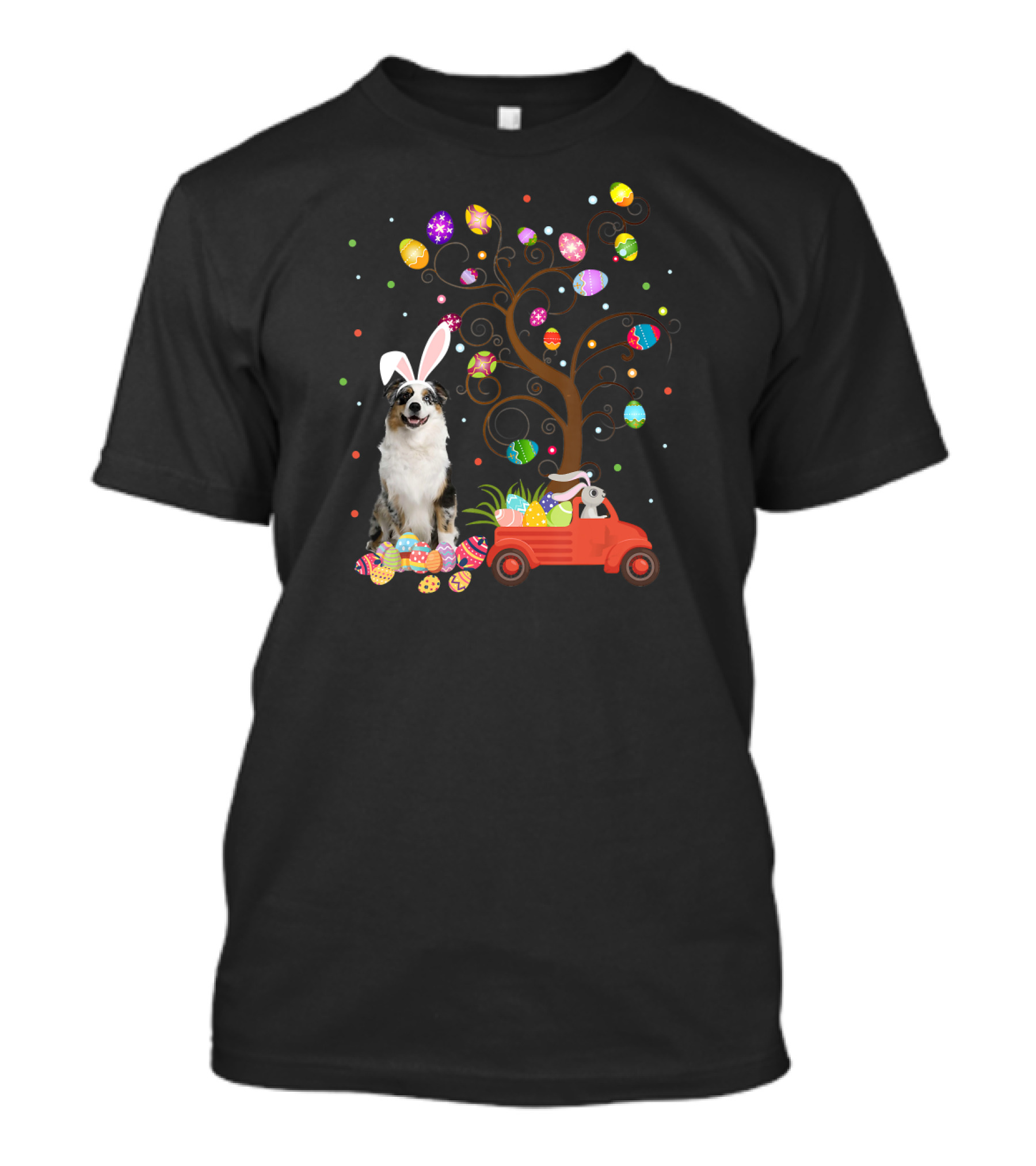Australian Shepherd Bunny Ears Easter Eggs Tree Truck T-Shirt