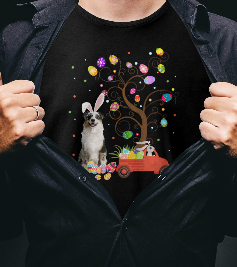 Australian Shepherd Bunny Ears Easter Eggs Tree Truck T-Shirt